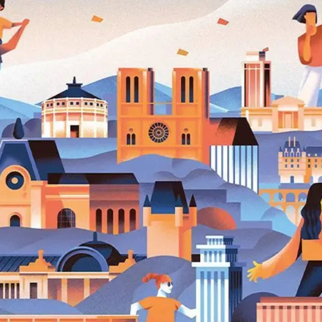 Illustration colorée représentant des monuments emblématiques de France, mêlés à des scènes de vie conviviales dans un paysage vallonné.