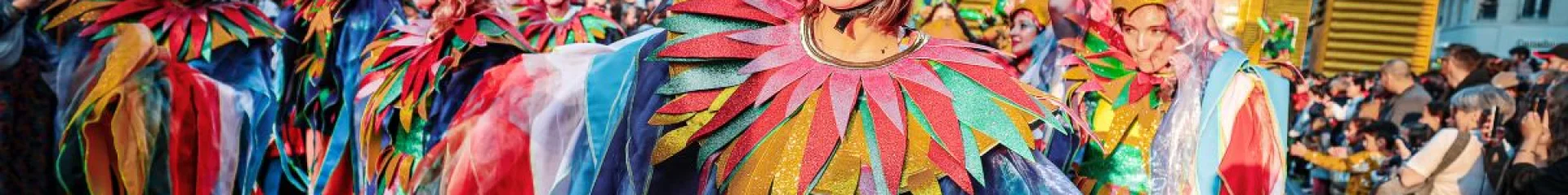 Danseuses en costumes multicolores et coiffes à plumes roses défilant lors de la 7ᵉ édition de la parade Fiesta lille3000.