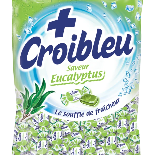 sachet de bonbons croibleu fabriqué à Tourcoing, saveur eucalyptus.
