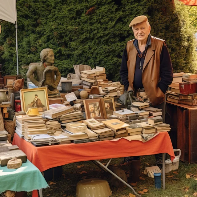 Warm and inviting Austrian seller at a neighborhood garage sale, showing a range of used books and antique decorations, with a diverse crowd enjoying the hunt for treasures in a well-kept suburban backyard --ar 3:2 --stylize 1000 --v 5.1 Job ID: ff237127-4b43-43d6-b851-153699c7339e