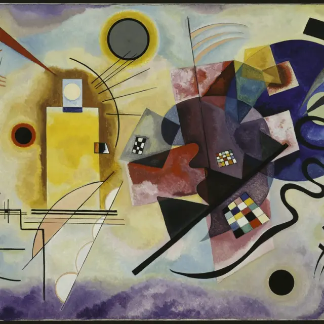 Peinture abstraite aux formes géométriques colorées, cercles, lignes et aplats, évoquant rythme et mouvement dans une composition non figurative.